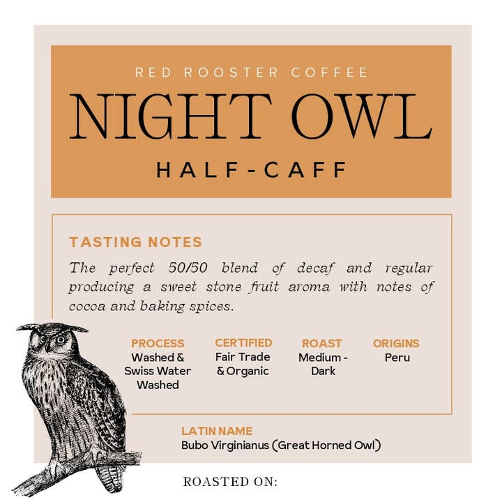 Red Rooster Coffee Roaster - Wholesale Coffee Beans - Organic Night Owl Half-Caff - Coffee Beans