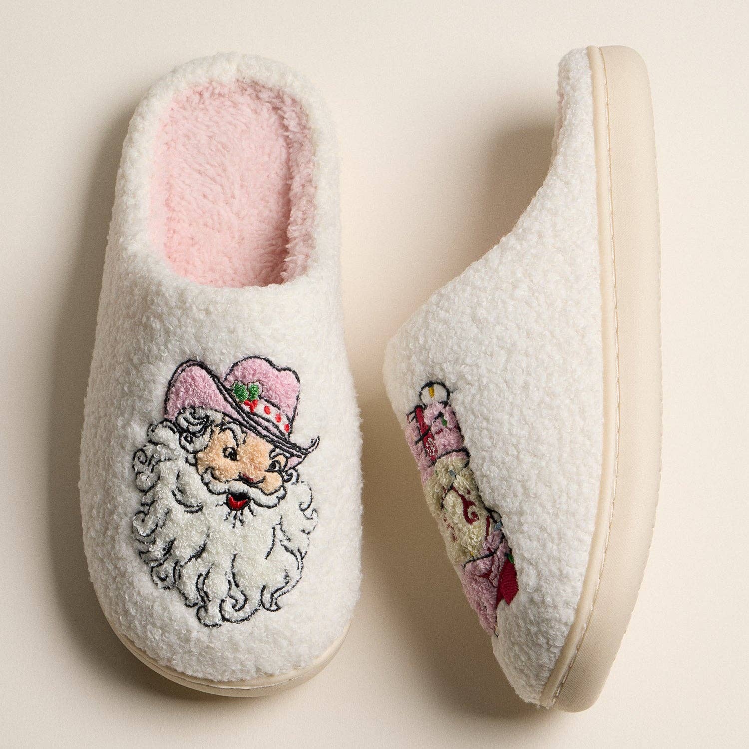IV Plush Holiday Slippers with Embroidered Cowboy Santa and Classic Boot Motif for Christmas Gift for wholesale on Faire1