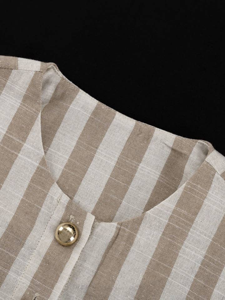 BEIGE Striped Buttoned Short Sleeve Top and Shorts Set for wholesale on Faire2