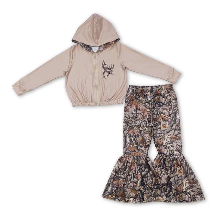 Yawoo Garments - Wholesale Top & Pant Set - Kids - Deer hoodie camo bell bottom pants girls clothing set