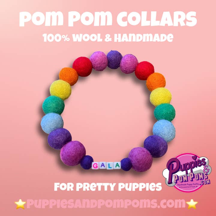 Puppies & Pom Poms - Wholesale Pet Collar - Dog - Personalised Pom Pom Dog Collar - Rainbow Brights 2cm Balls