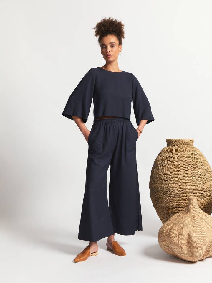 Oshun Pants | Relaxed Fit Wide Length Pants | Navy for wholesale by Sitting Pretty