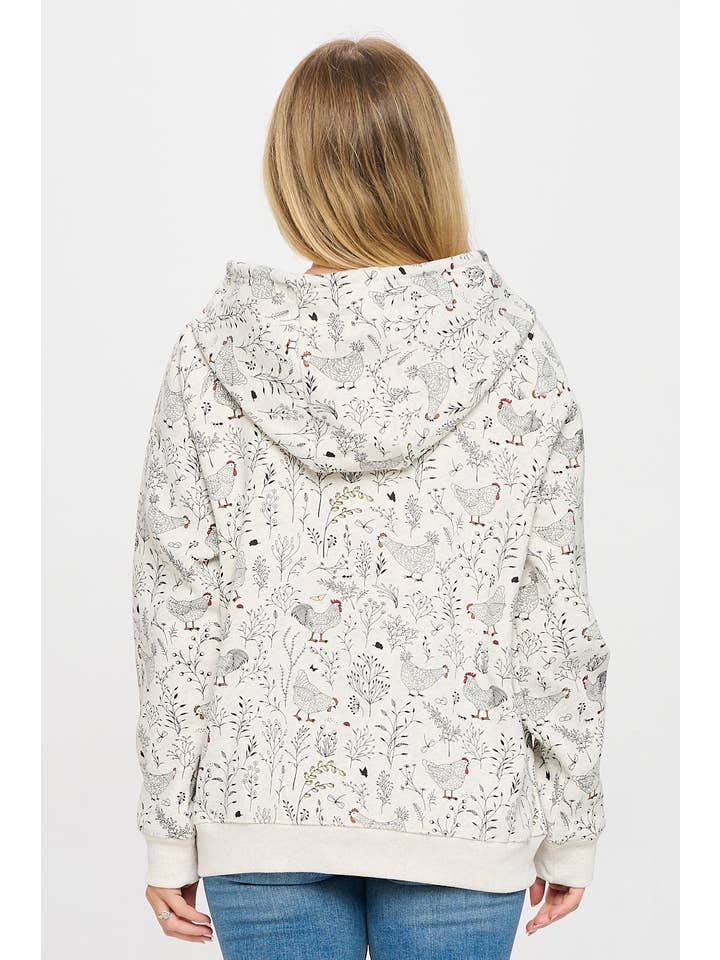 SM WARDROBE - Wholesale Hoodie - Women's - ROOSTER FLORAL PRINT ZIP HOODIE