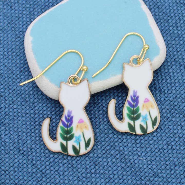 ZAD - Wholesale Dangle Earrings - Floral Feline White Cat Earrings0