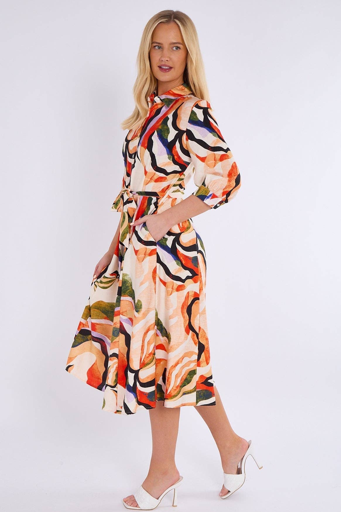 ARANCIO Abito camicia midi con stampa a motivo arancione e verde in vendita all'ingrosso su Faire4