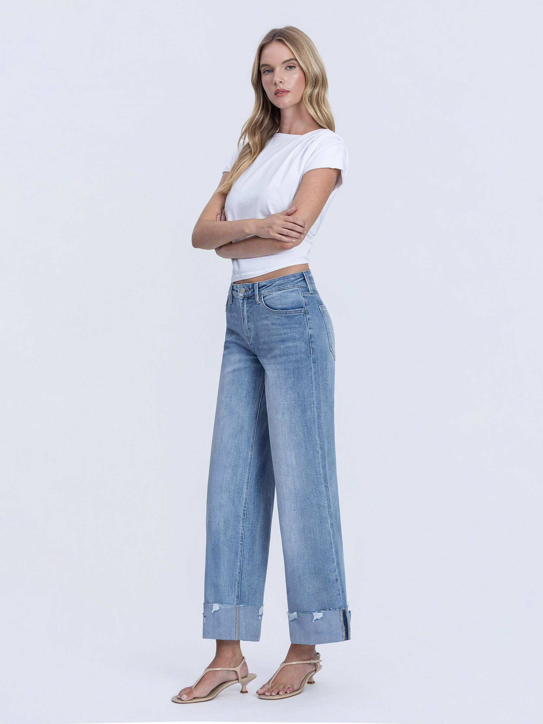 NOVELTY HIGH RISE MEDIUM WASH CUFFED WIDE JEANS LV1604 for wholesale on Faire3