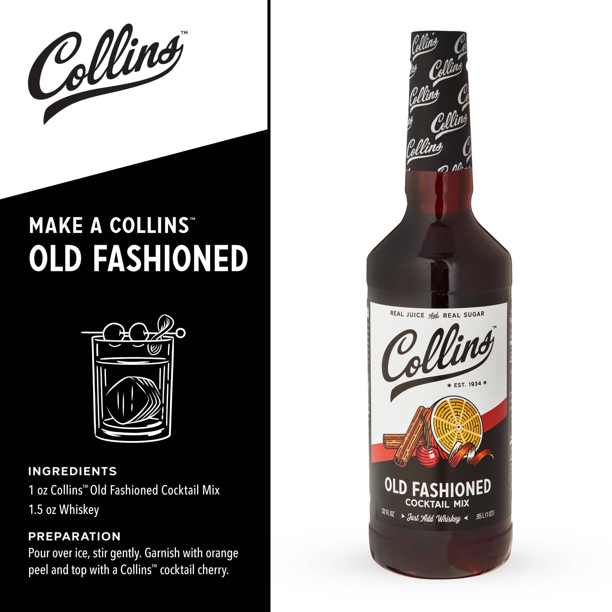 Collins - Wholesale Cocktail Mix/Syrup - Real Sugar Old Fashioned Cocktail Mix 32 oz2