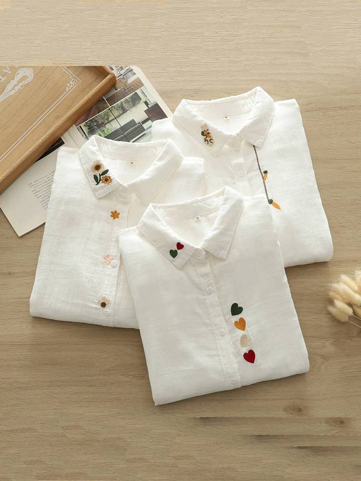 Multicolor heart Embroidered Muslin cotton buttoned shirt for wholesale by HIDDENBRAND