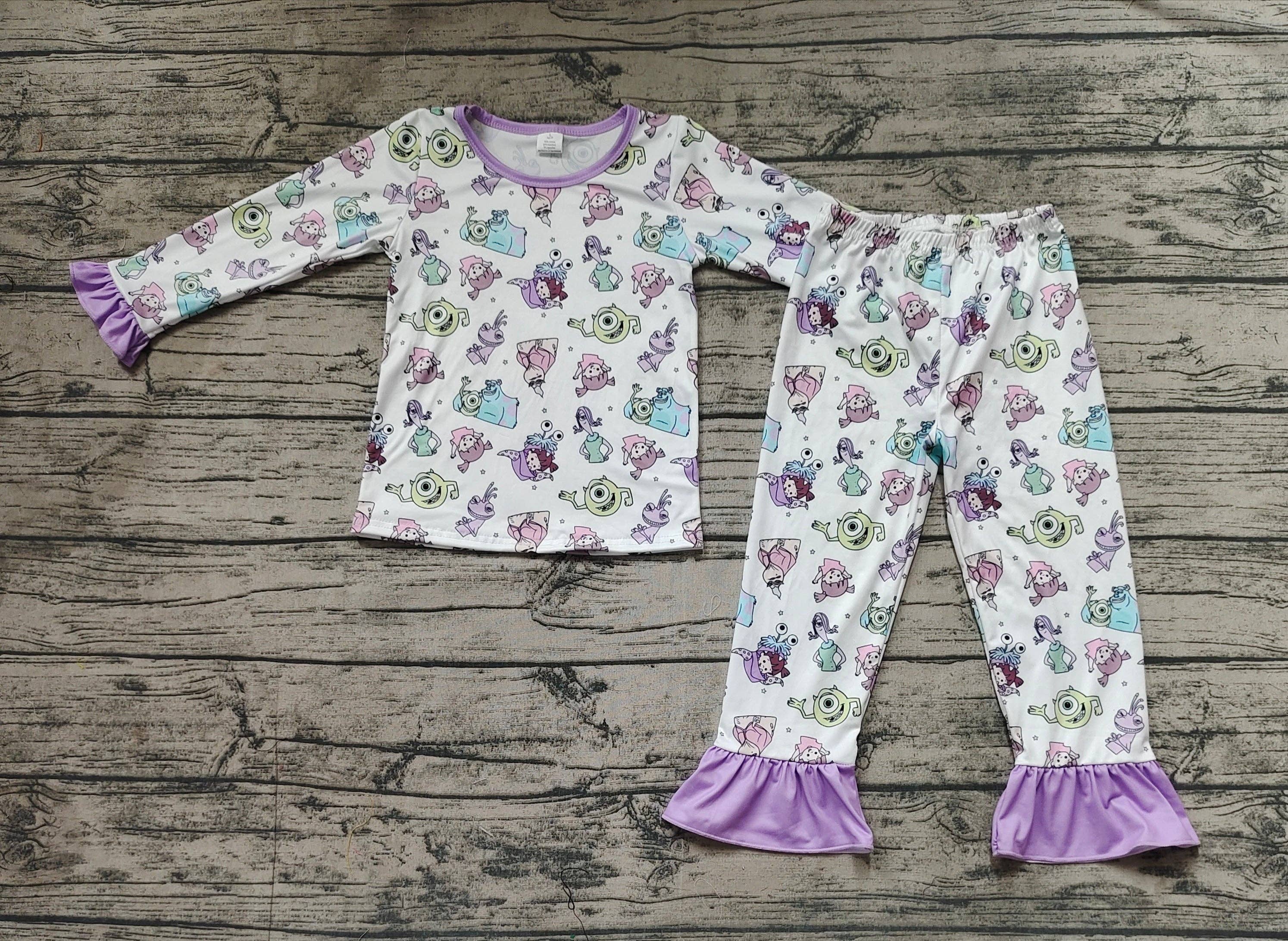 Aier Wholesale - Wholesale Sleepwear Set - Kids - Baby Girls Monster Lavender Top Pants Bamboo Pajamas Clothes Sets1