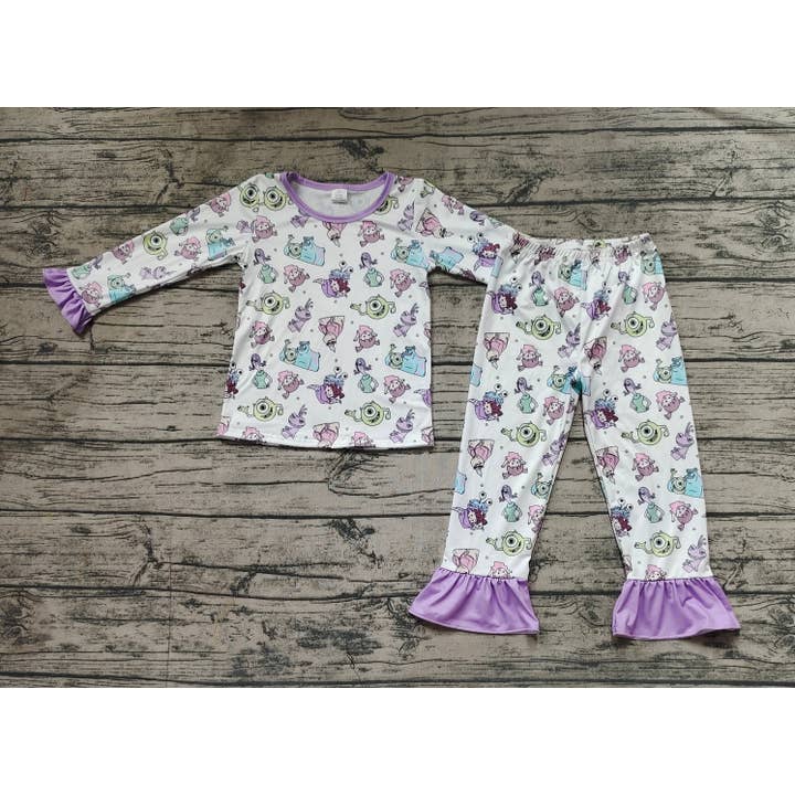 Aier Wholesale - Wholesale Sleepwear Set - Kids - Baby Girls Monster Lavender Top Pants Bamboo Pajamas Clothes Sets1