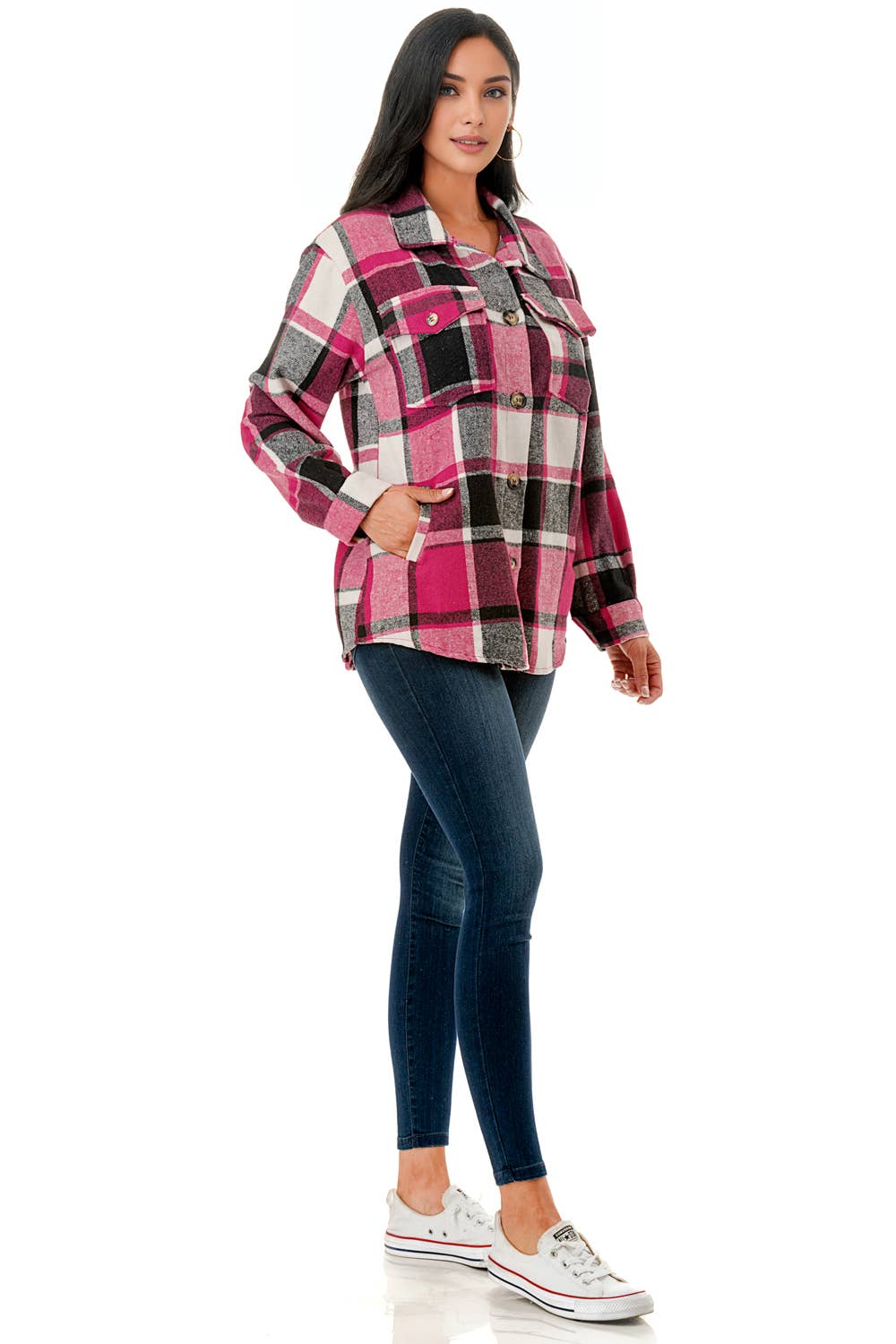 Color 5 - Vendita all'ingrosso Giacca a camicia - Donna - Camicia oversize in flanella scozzese rosa con tasche8