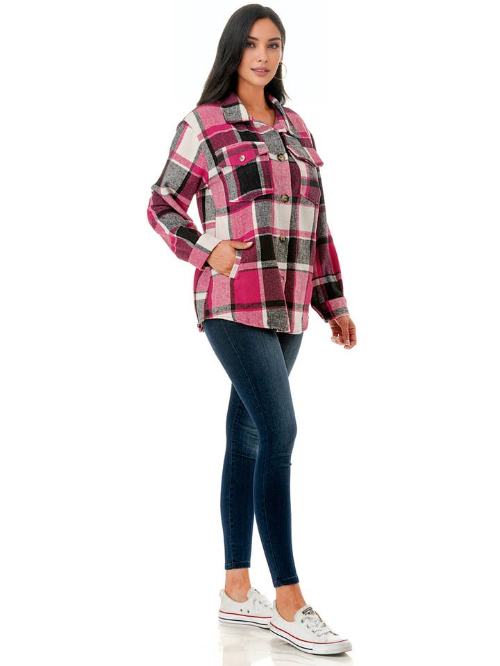 Color 5 - Vendita all'ingrosso Giacca a camicia - Donna - Camicia oversize in flanella scozzese rosa con tasche8