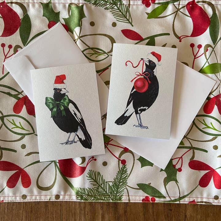 Lucinda Cotter Art - Wholesale Christmas card - Christmas Magpie with Green Bow Greeting Card3