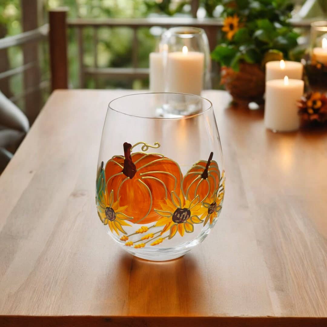 Jersey Art Glass - Wholesale Wine Glass - Painted Pumpkin Stemless Glass (Set of 2)1