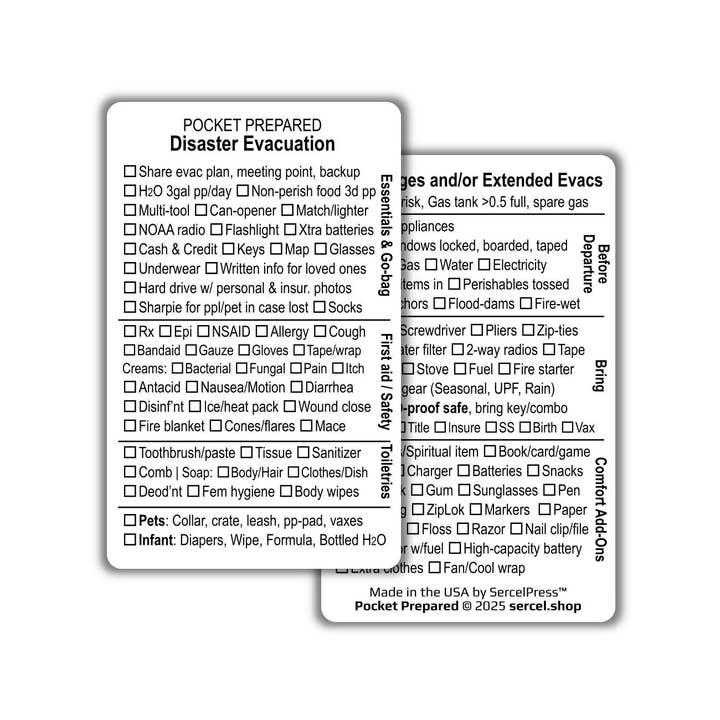 Disaster Evacuation Checklist Card – Emergency Prep Wallet Card – Waterproof Plastic – Pocket-Sized Bug Out List – Pocket Prepared for wholesale by SercelPress