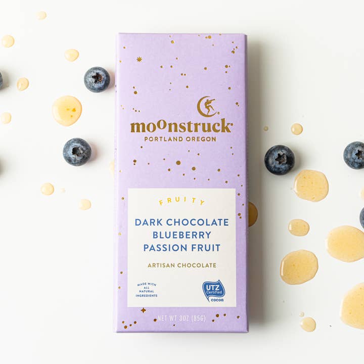 Fruity
Dark Chocolate Blueberry Passion Fruit Bar for wholesale by Moonstruck Chocolate Co