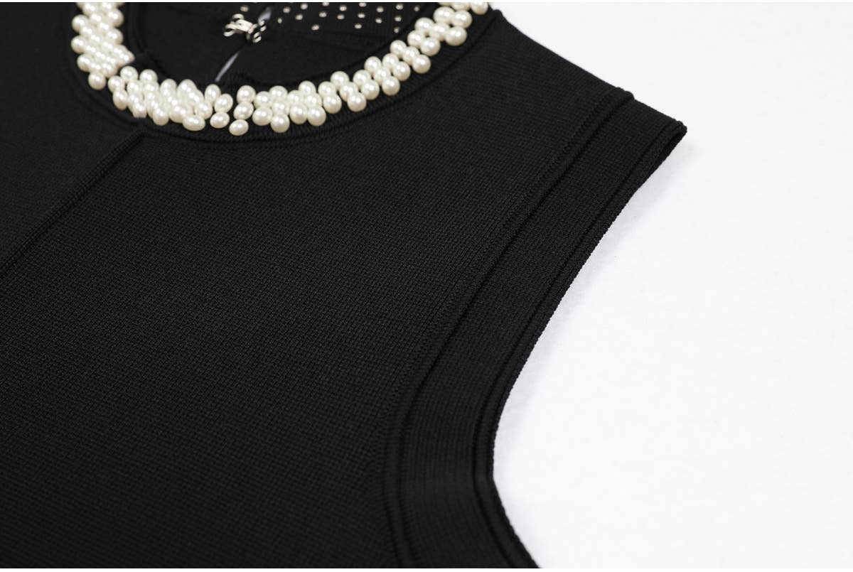 Nero DR608 Abito Corto Senza Maniche a Girocollo in Maglia di Perle Slim in vendita all'ingrosso su Faire2