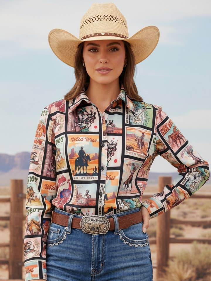 T1427-6305-Roxan True American Cowboy Print Collar Blouse To for wholesale by Nylon Apparel