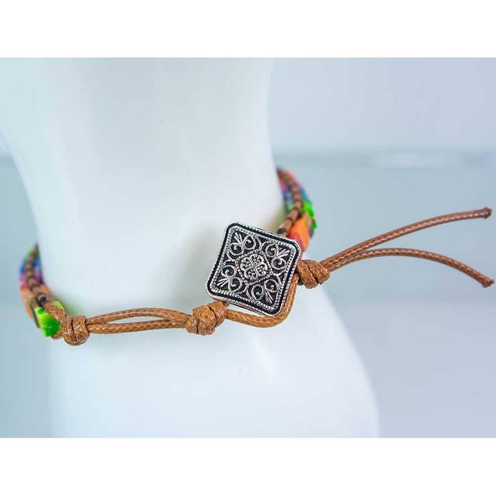 Kheops International - Wholesale Woven/Braided Bracelet - Adj Weave Bracelet Sq Beads Chakra Imperial Jasper,Tiger Eye