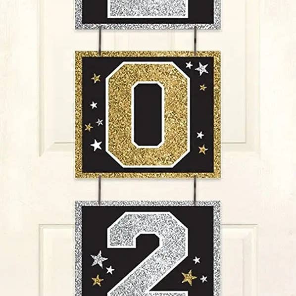 2021 Grad Glitter Vertical Hanging Banner Kit 7.5" X 10.75" - Black, Silver, & Gold for wholesale by Party Expo, LLC