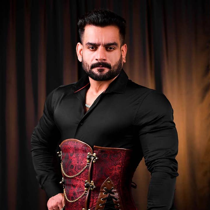 Men's Waist Trainer – Red Brocade Fashion Corset for wholesale by Miss Leather