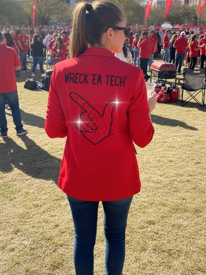 Game Day Blazer, Ruched Red, Texas Tech Wreck Em Tech Guns Up Hand for wholesale by Moving Forward Designs