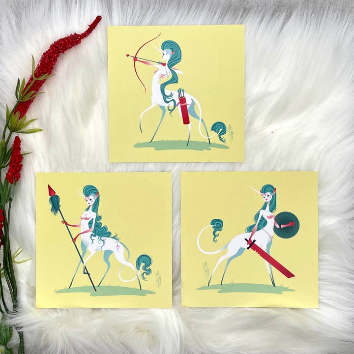 Guerriers Centaures Licornes Mohawk - Trio de Mini Impressions pour la vente par Yoshi Yoshitani LLC