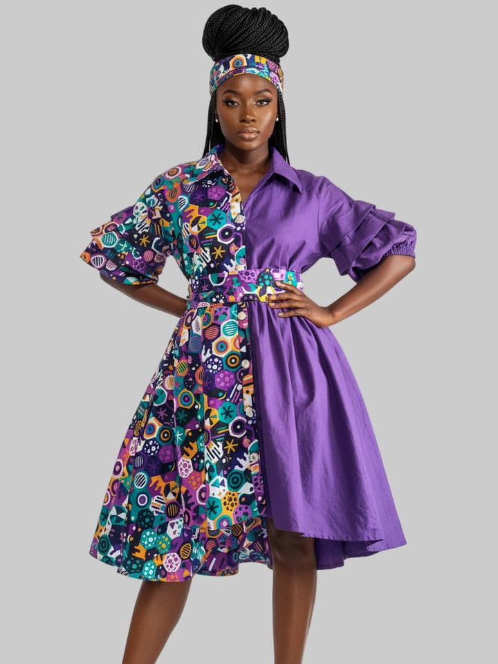 IB25013- Swing Dress/ Cotton / Ruffle Sleeve - Two Tone for wholesale by India Batik