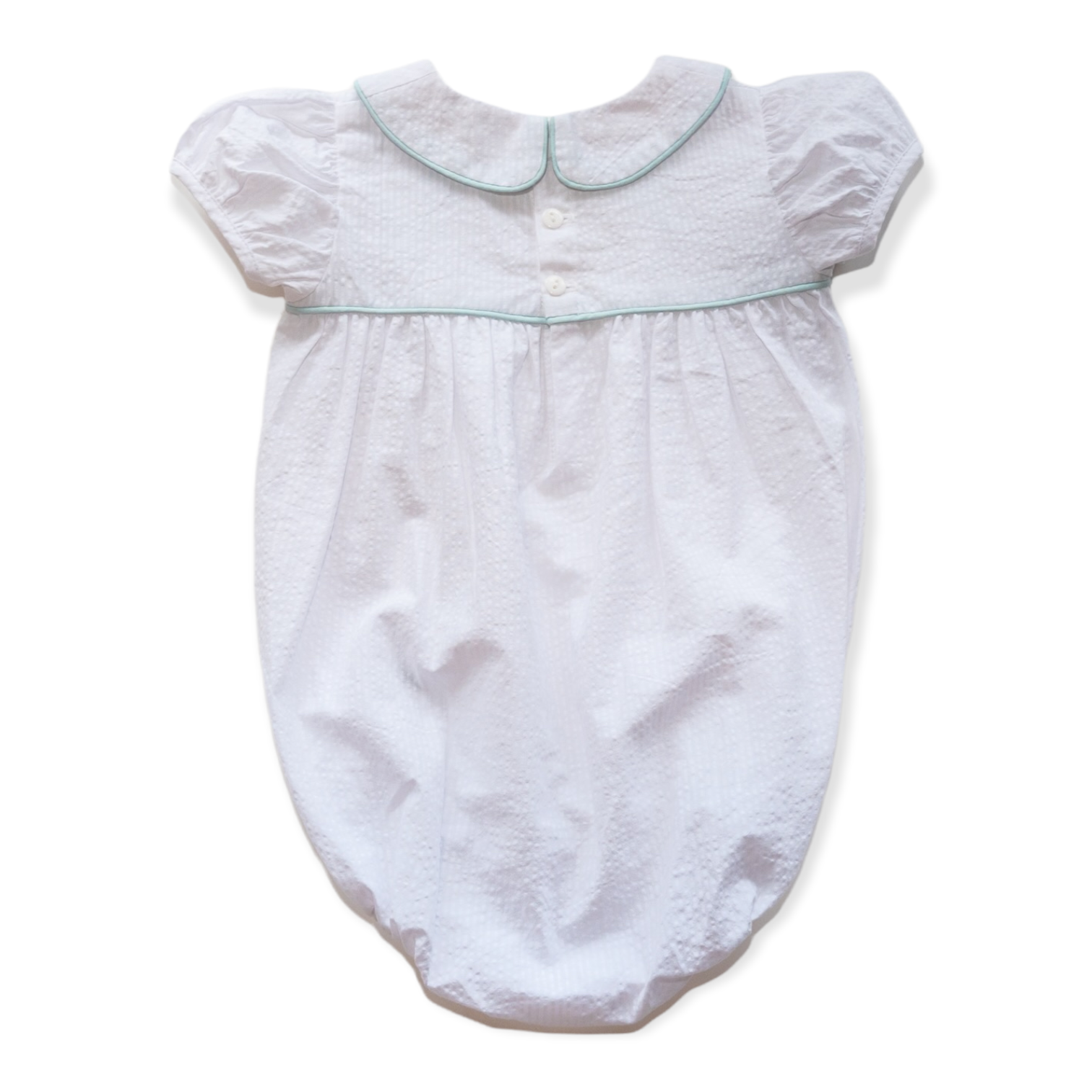Angels and Company Clothing – Bodysuit - Bebé por atacado – Ann Caroline Bubble em Seersucker Branco com Vivo Aqua5