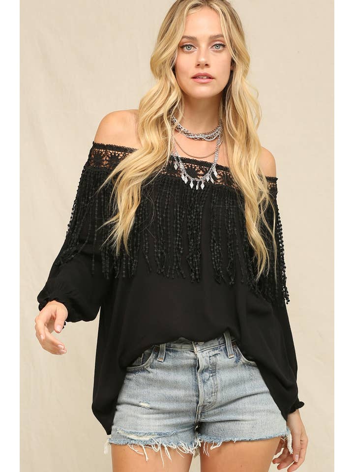 Black Lightweight Flowy Top With A Crochet Lace for wholesale on Faire1