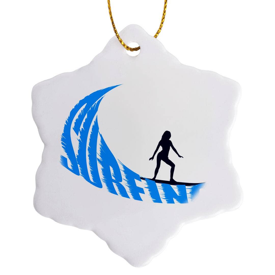 3dRose – wholesale Ornament – 3dRose, Woman surfer, blue wave, text surfing, white background, Ornament0