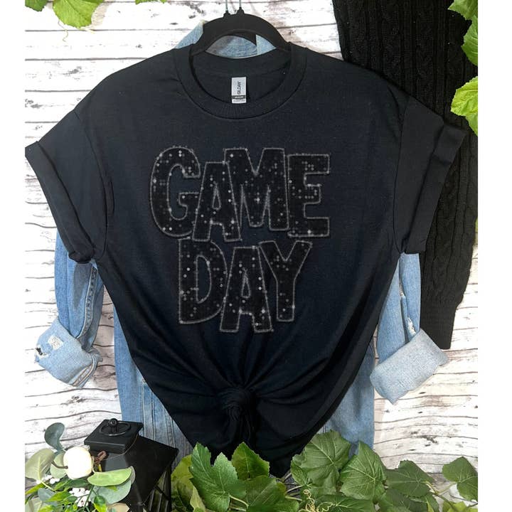 Faux Embroidery & Glitter Game Day T-shirt for wholesale by Duck Creations Wholesale
