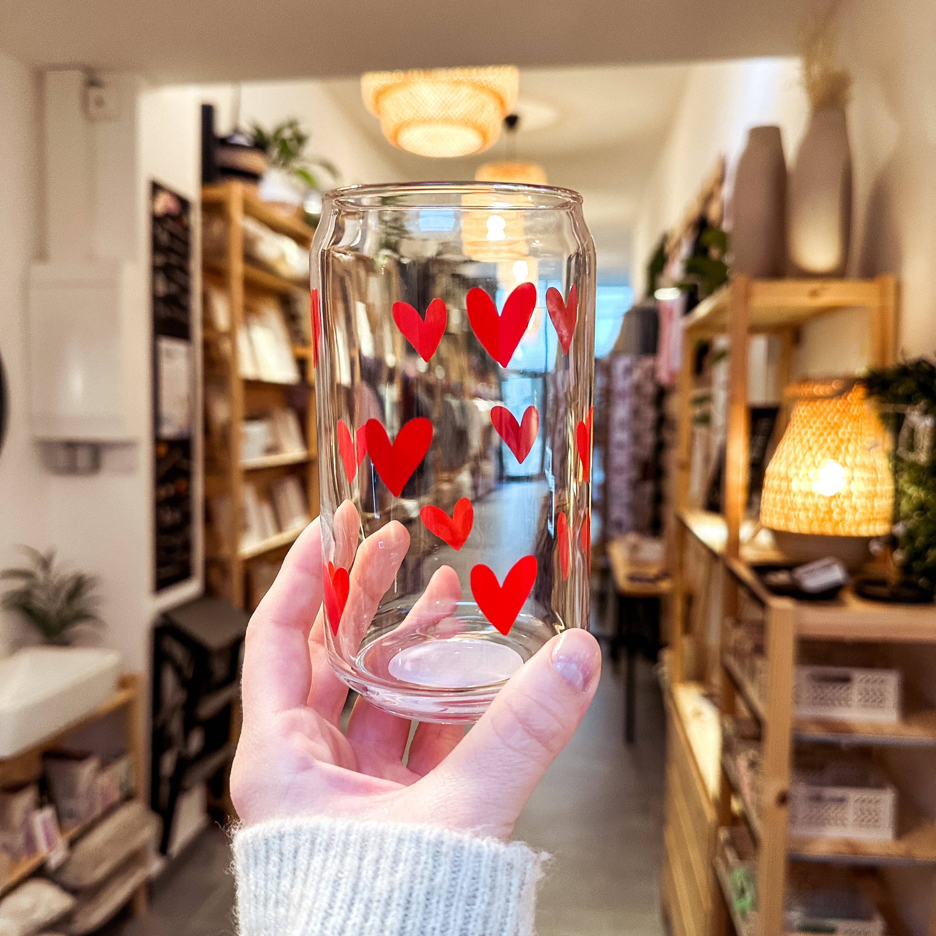 cool people club - Wholesale Drinking Glass/Cup - Can glass with print "Red Hearts"2