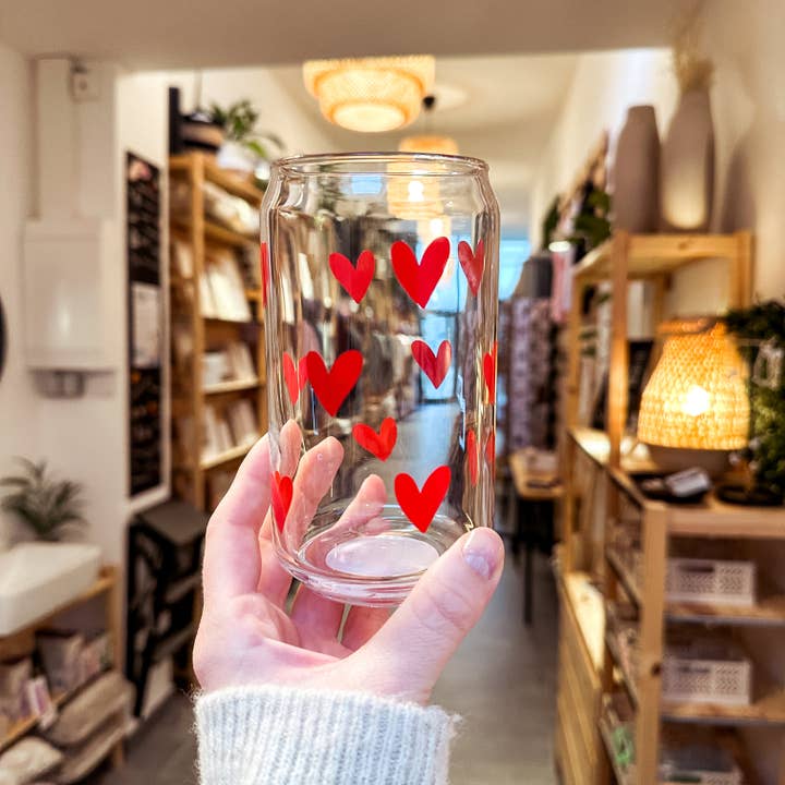 cool people club - Wholesale Drinking Glass/Cup - Can glass with print "Red Hearts"2