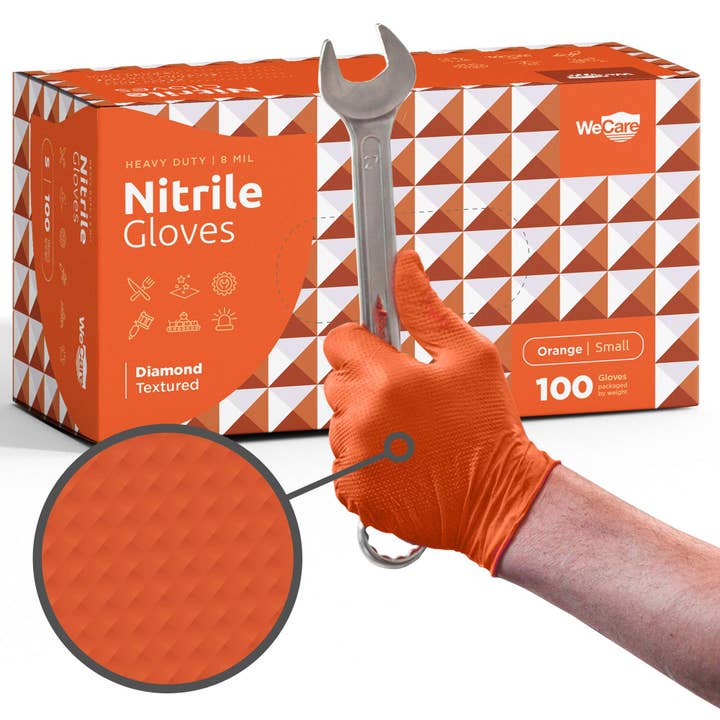 ShopHomeMed - Wholesale Gloves - Unisex - WeCare Diamond Textured Orange Nitrile Gloves - 8 Mil Thick