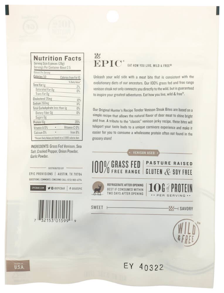 KeHE Distributors, LLC - Vente Viande séchée - Bouchées de chevreuil saccadées EPIC 2,5 oz1