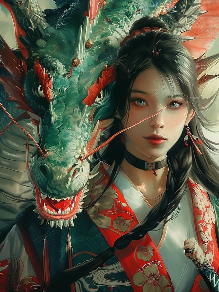 Onna-musha & Her Dragon 8“ x8“ Kunstdruck für den Großhandel von Mowbi