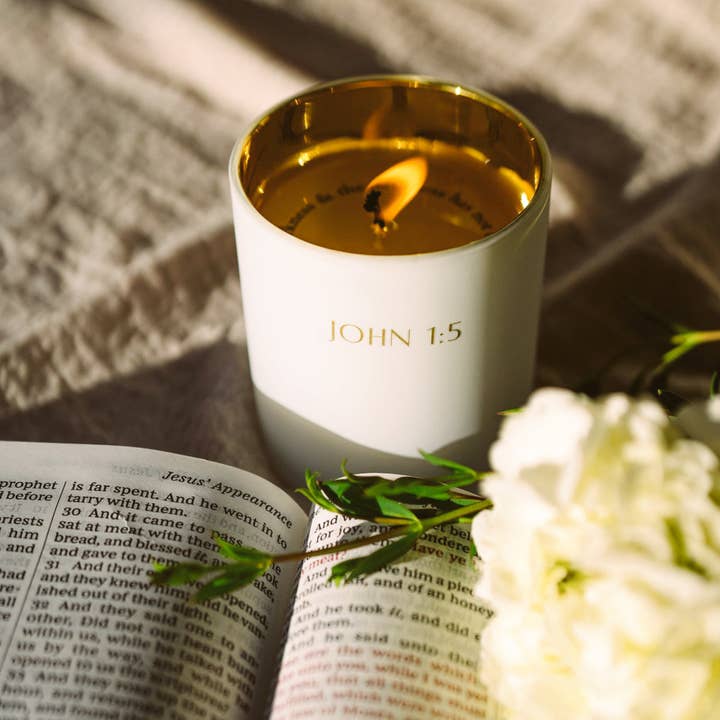 NEW! "Light Shines in Darkness" John 1:5 Revelation Candle for wholesale by Revelation Candle