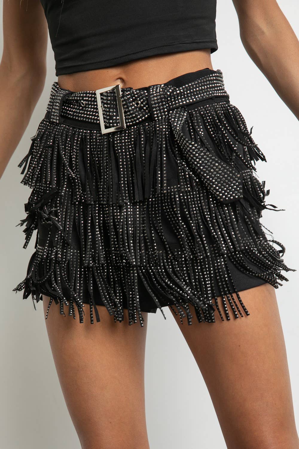 KIWI - Vente Jupe-short – femme - Jupe-culotte western en suédine avec franges et strass gris anthracite5