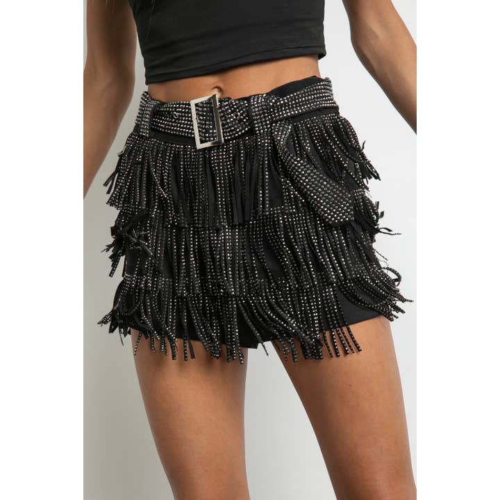 KIWI - Vente Jupe-short – femme - Jupe-culotte western en suédine avec franges et strass gris anthracite5