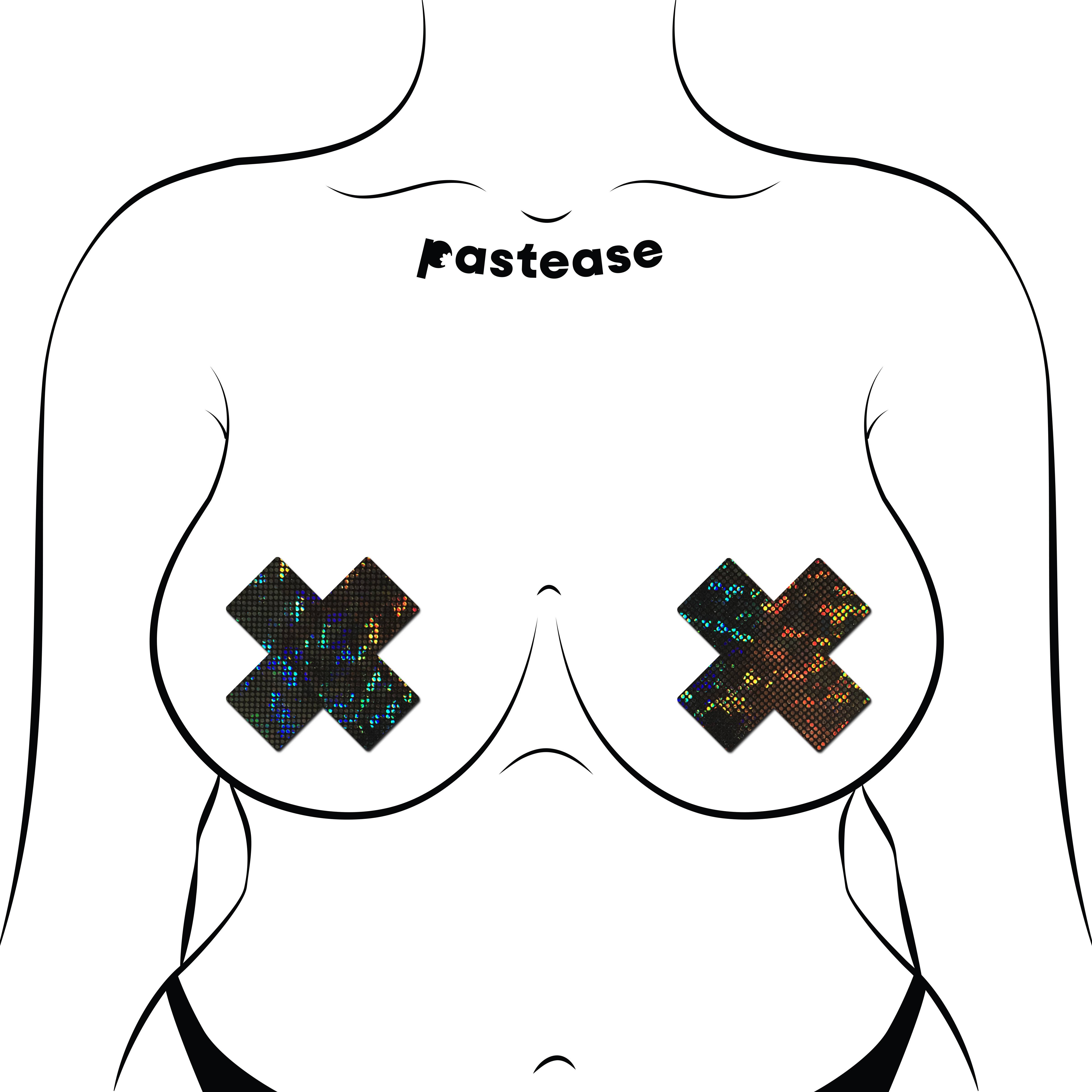 Pastease® - Wholesale Nipple Pasties - Women's - Plus X: Shattered Glass Disco Glitter Black Cross Pasties2