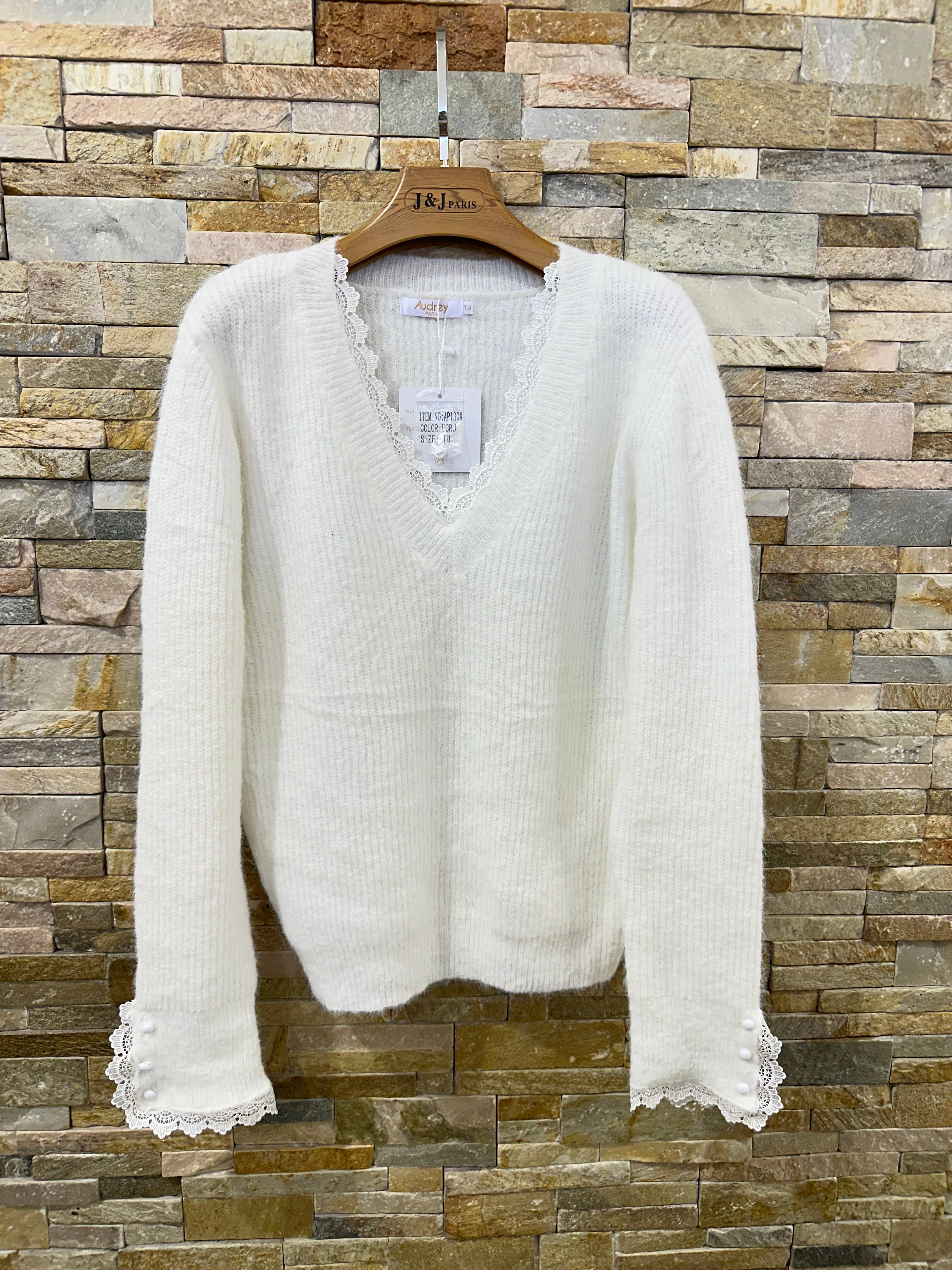 Afinity – Engroshandel Pullover - Dame – Ribstrikket sweater med blondekanter AP1303