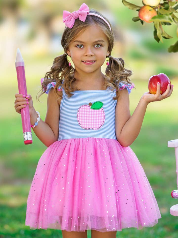 Cap-Sleeve Apple Applique Dress w/ Tulle Sequin Tutu for wholesale by Mia Belle Girls • Wholesale