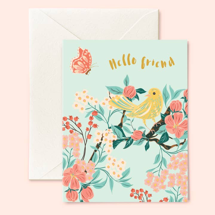 MKD Monica Kane Design - Wholesale Friendship Card - Hello Friend Bird & Blooms Card0