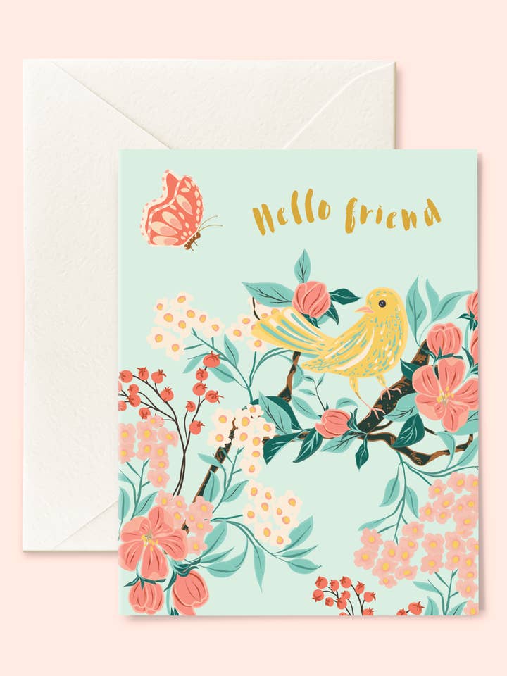 Hello Friend Bird & Blooms Card for wholesale by MKD Monica Kane Design