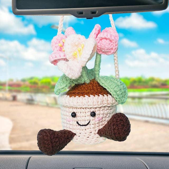 Crochet Smiling Tulip Pot Car Hanging, Cute Car Accessories for wholesale by TOMOPOD LLC