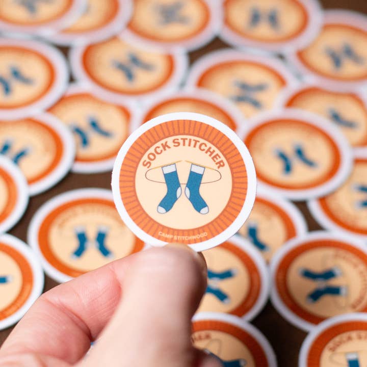 Camp Stitchwood - Wholesale Sticker - Sock Stitcher Badge Sticker