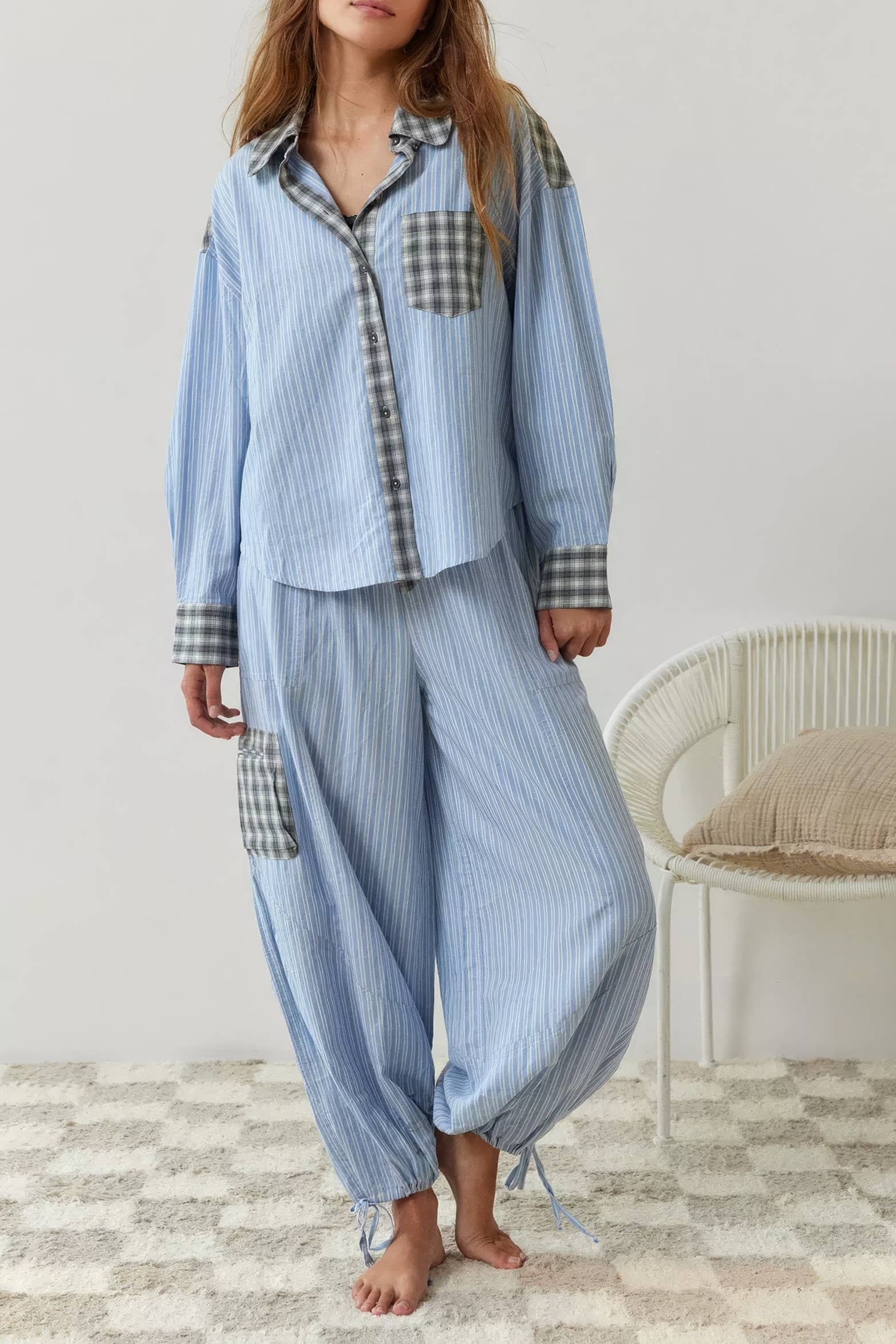 Rosa Clothing - Wholesale Sleepwear Set - Women's - Pink plaid patchwork loose pajama set7