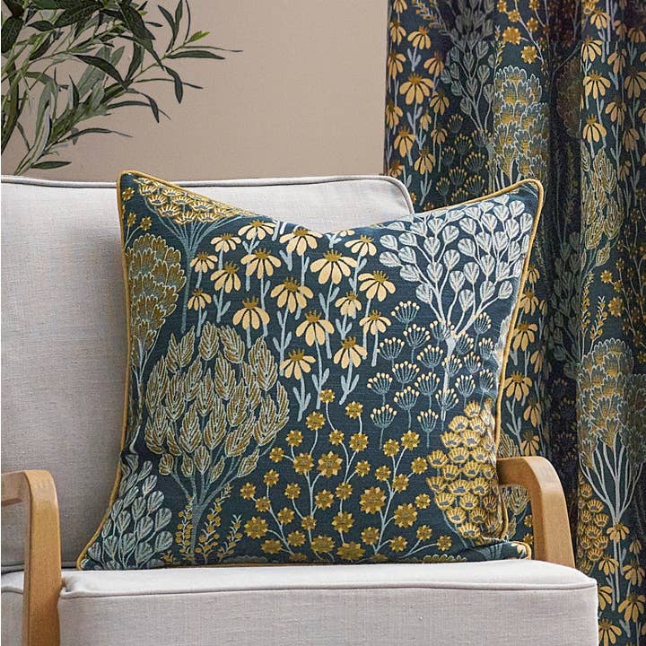 Ophelia Floral Jacquard Cushion Blue/Saffron for wholesale by Riva Home