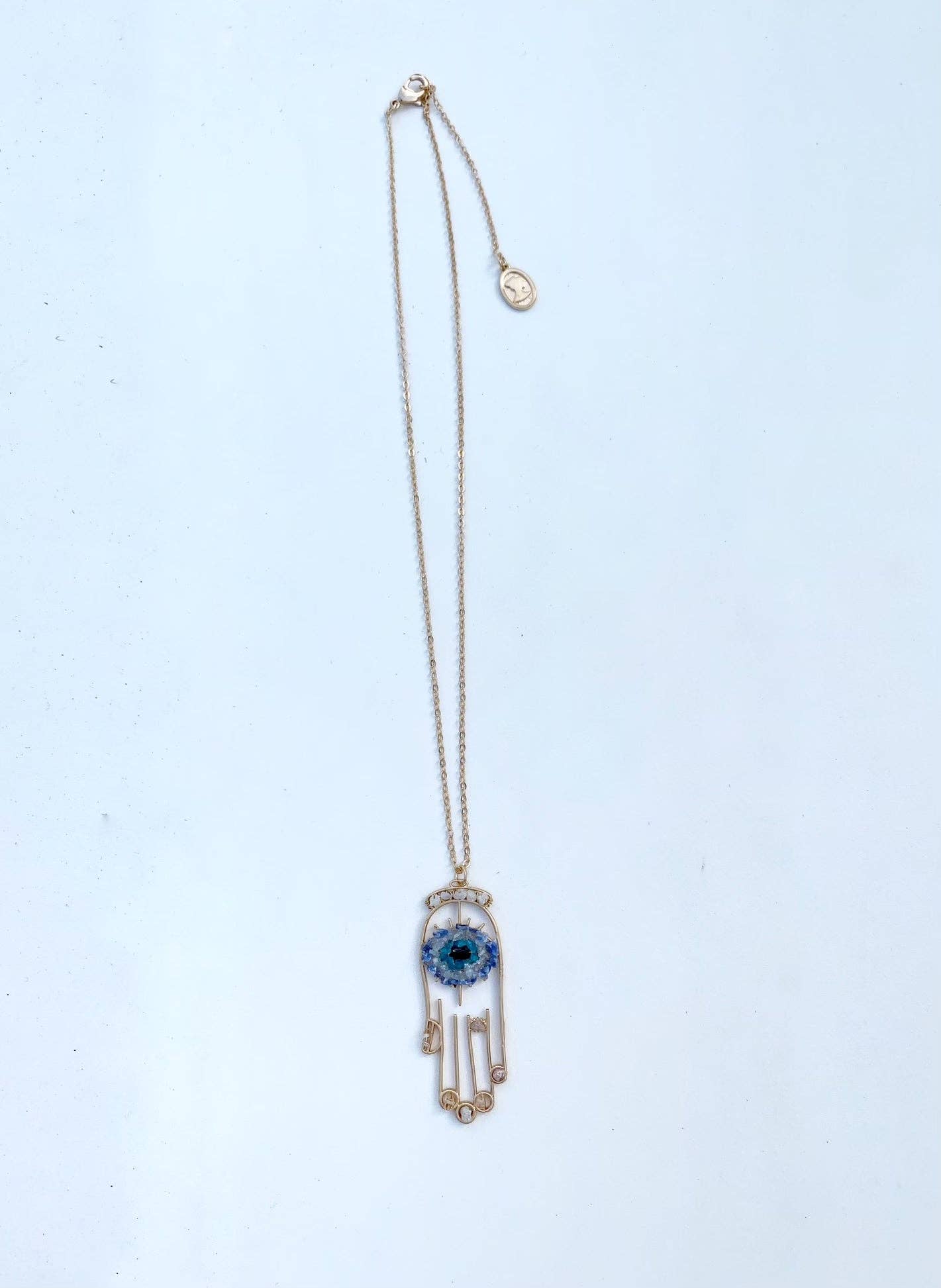 Cool Blues Healing Crystal Hamsa Necklace  – Rough Diamonds & Sodalite for wholesale on Faire1